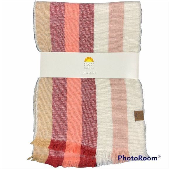 NWT C&C CALIFORNIA Red Pink Combo Striped Scarf - Picture 3 of 3